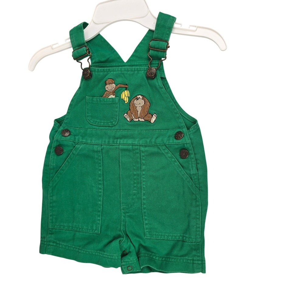 In Design Kids 24M Green Cotton Monkey Embroidery Shortall Overalls Vintage Y2K